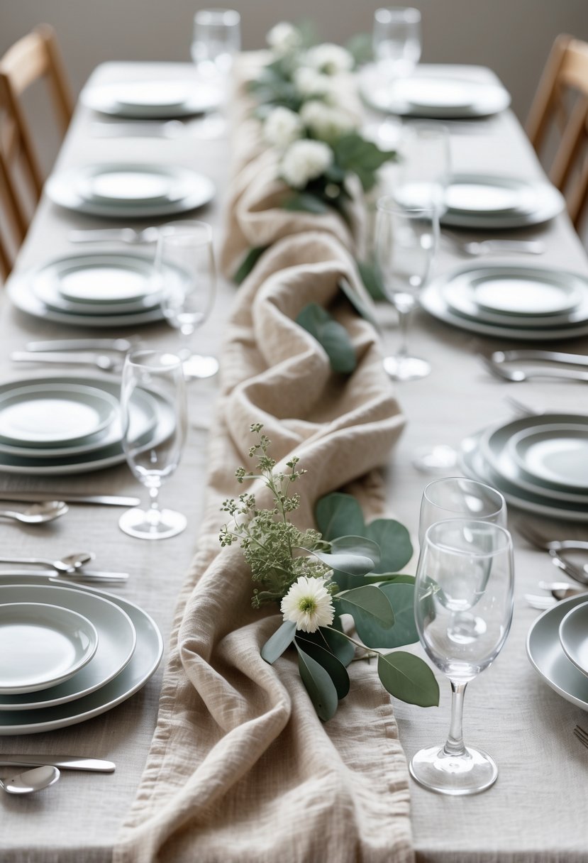 A wedding table with a soft oatmeal-colored linen runner, white plates, glassware, silver cutlery, and green foliage arranged on the table.