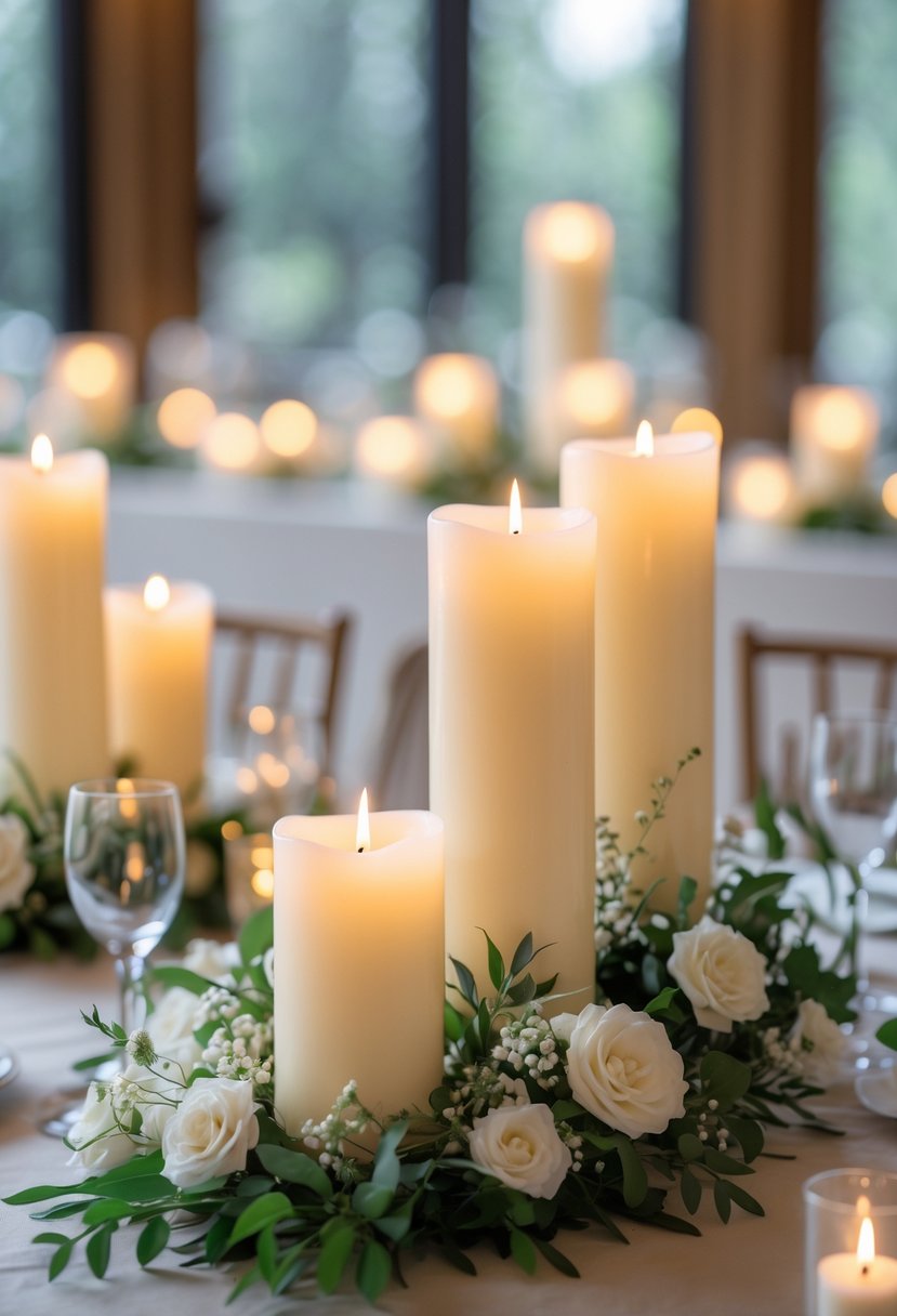 A wedding table decorated with lit ivory pillar candles surrounded by white flowers and greenery.