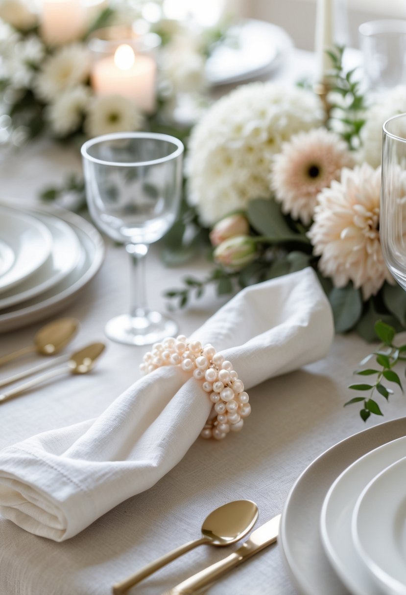 A wedding table setting with white linen napkins held by pearl napkin rings, surrounded by simple plates, glassware, and soft floral decorations.