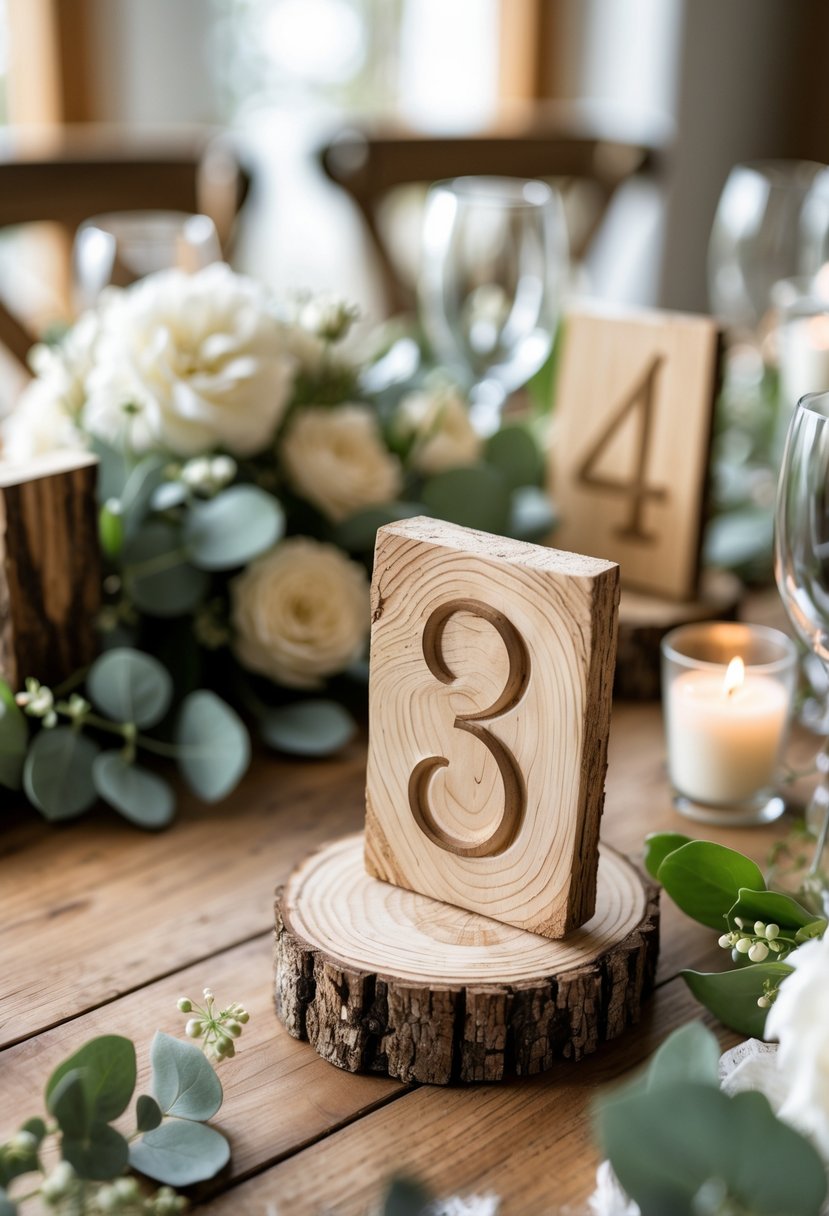 Close-up of wooden table numbers on a table decorated with flowers, greenery, and candles.
