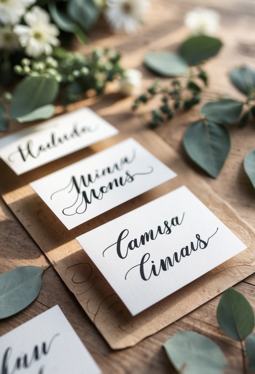 Close-up of hand-lettered name cards on kraft paper surrounded by greenery and small white flowers on a wooden table.