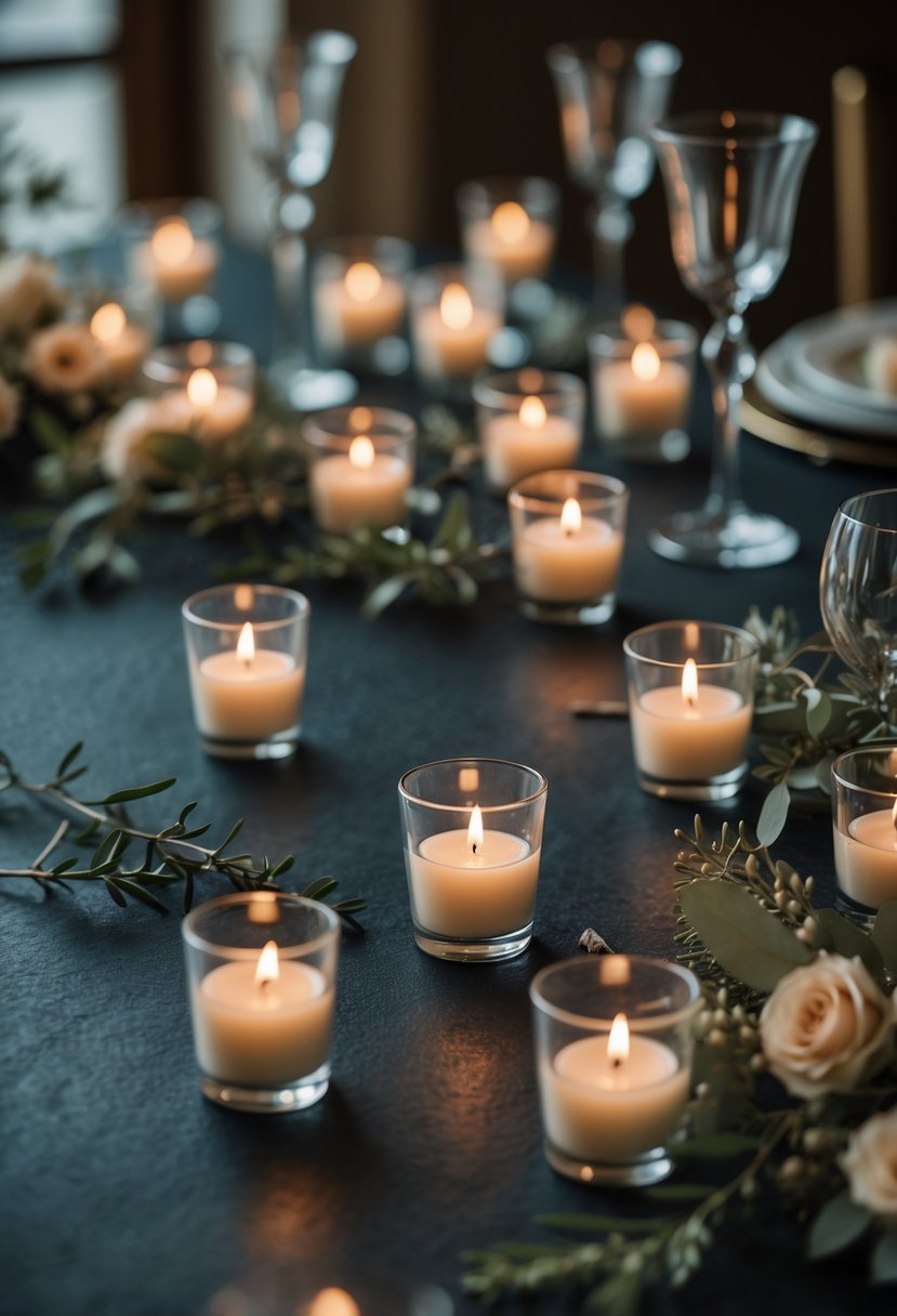 A wedding table decorated with clear votive candles scattered among greenery and subtle floral accents, softly lit by candlelight.
