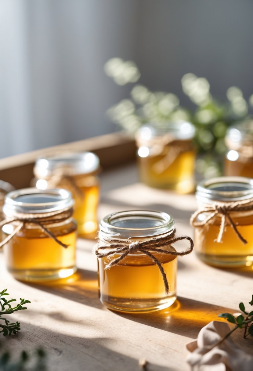 Mini glass jars filled with honey tied with twine arranged on a wooden table with greenery.