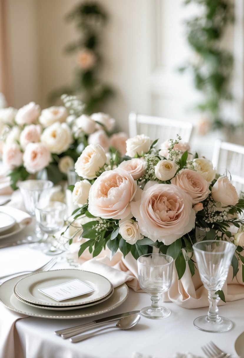 A wedding table decorated with light blush and cream flowers, greenery, and elegant tableware.