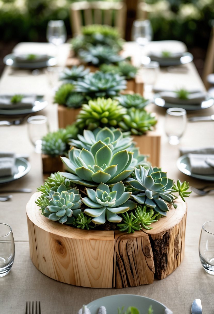 A wedding table with low wooden centerpieces filled with green succulents, set with plates and glassware.
