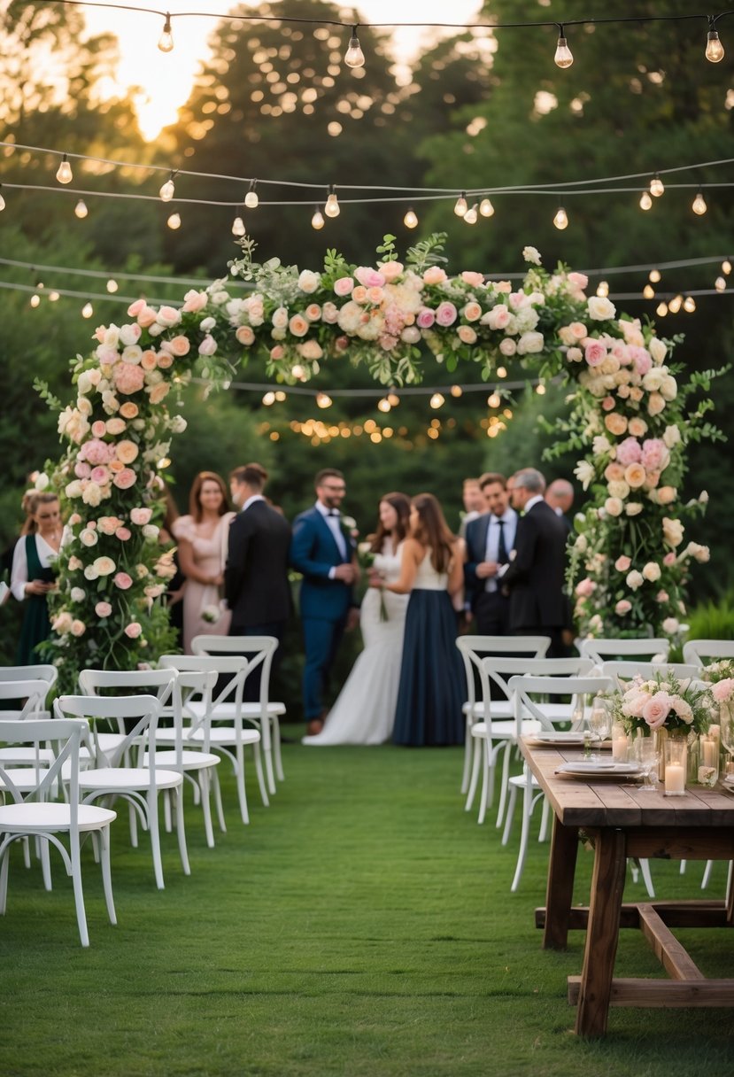 An outdoor wedding setup with white chairs, a floral arch, and guests gathered in a garden for a small wedding celebration.