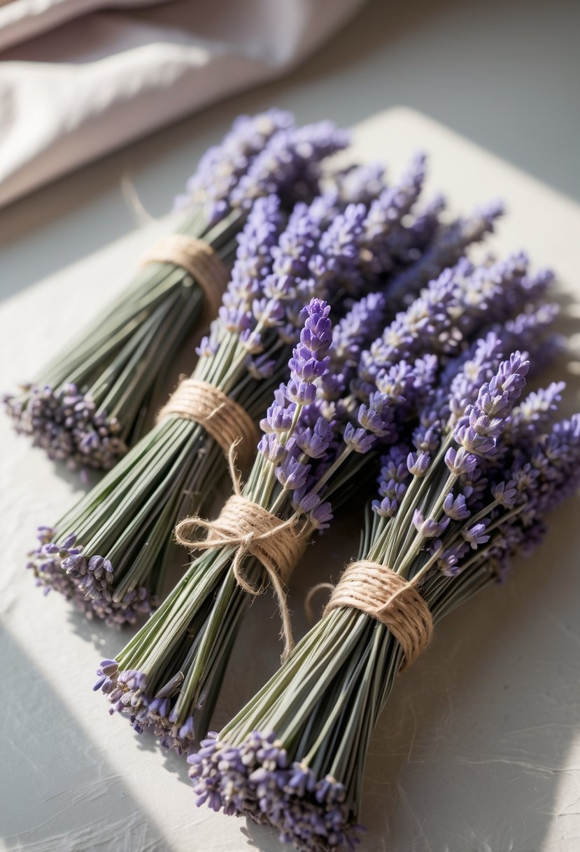 Dainty bundles of dried lavender tied with twine arranged on a neutral surface as wedding table decorations.