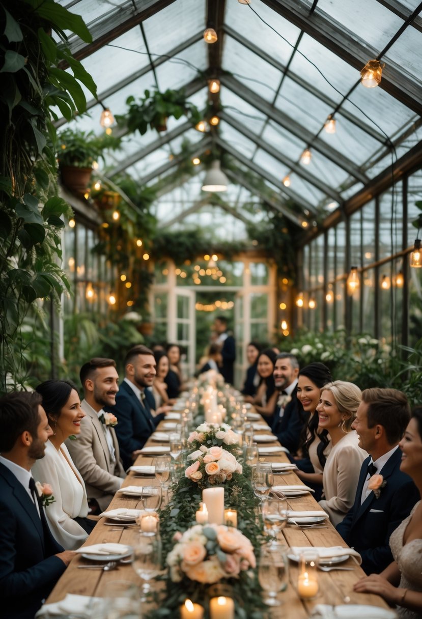 A small wedding reception inside a glass greenhouse with guests seated at a decorated table surrounded by plants.