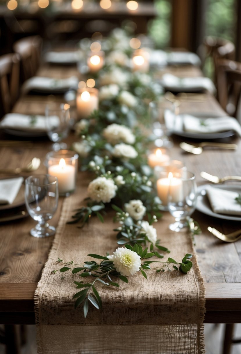 A wedding table with a natural burlap runner, decorated with greenery, small white flowers, and candles.