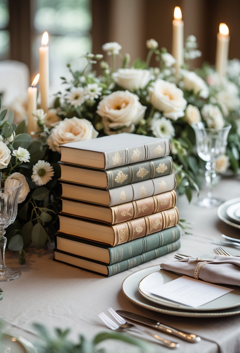 A wedding table with a centerpiece made of stacked hardcover books surrounded by flowers and candles.