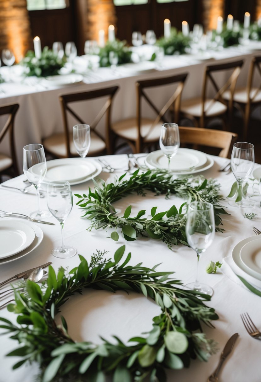 Wedding tables decorated with simple green wreaths as centerpieces and elegant place settings.