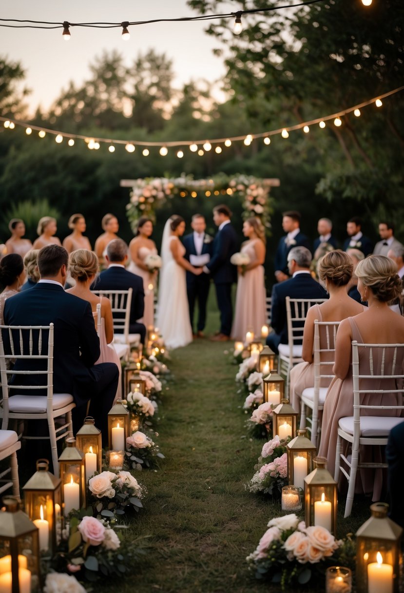 An outdoor wedding ceremony at dusk with about 50 guests seated, surrounded by candles and floral decorations, with a couple standing at the altar.