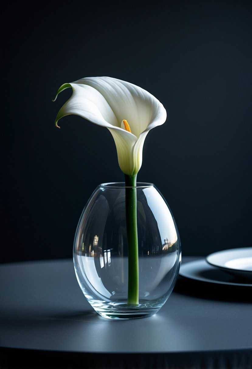 A single white calla lily in a clear glass bud vase on a dark table.
