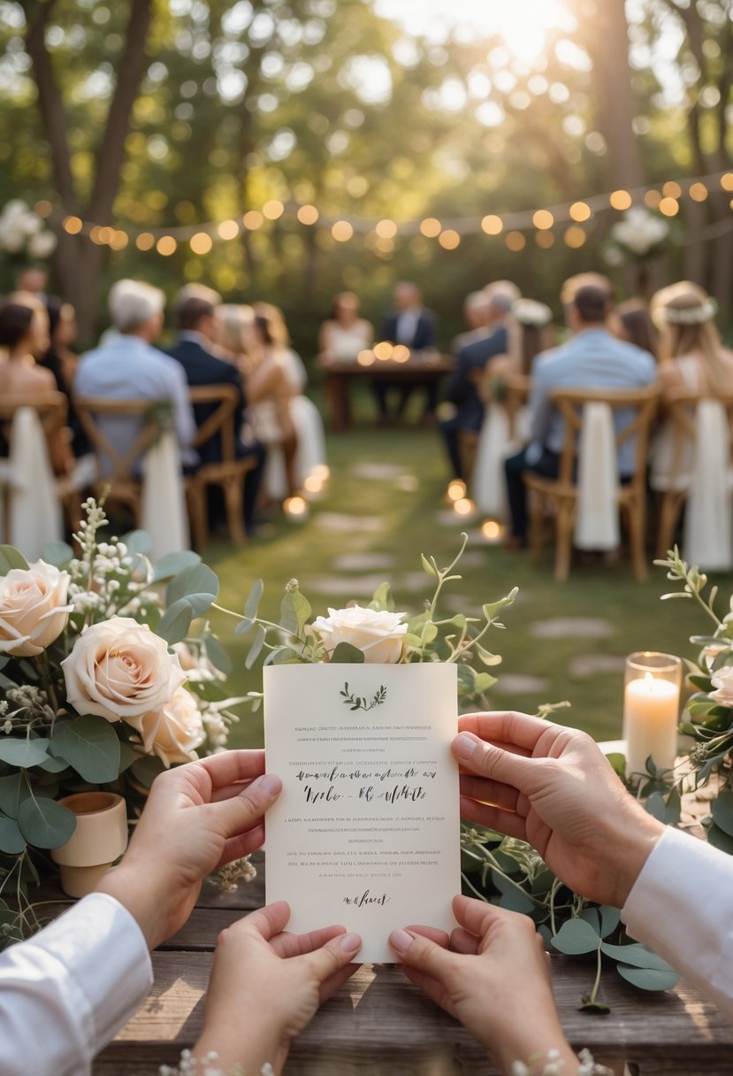 Close-up of hands holding a handwritten wedding vow with a small outdoor wedding gathering in the background.