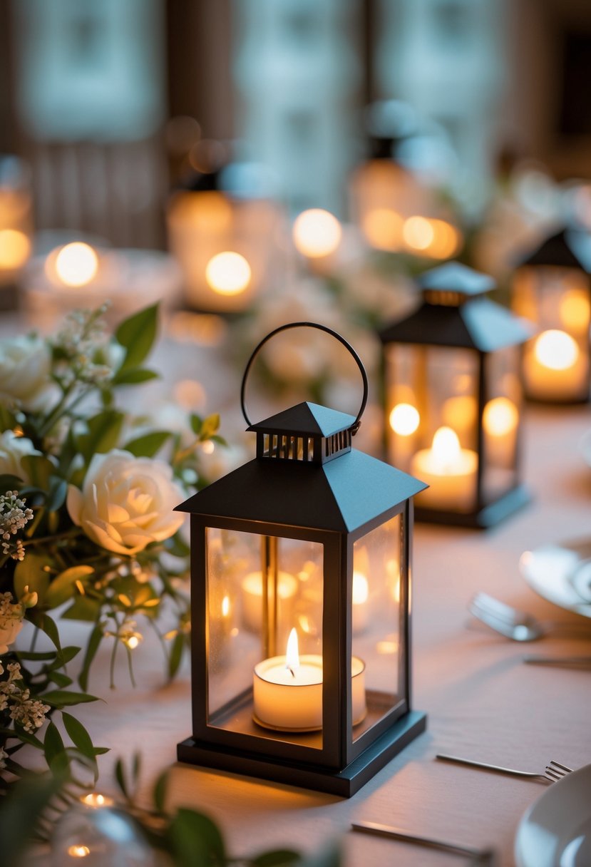 A wedding table decorated with mini lanterns holding battery tealight candles, surrounded by flowers and greenery.