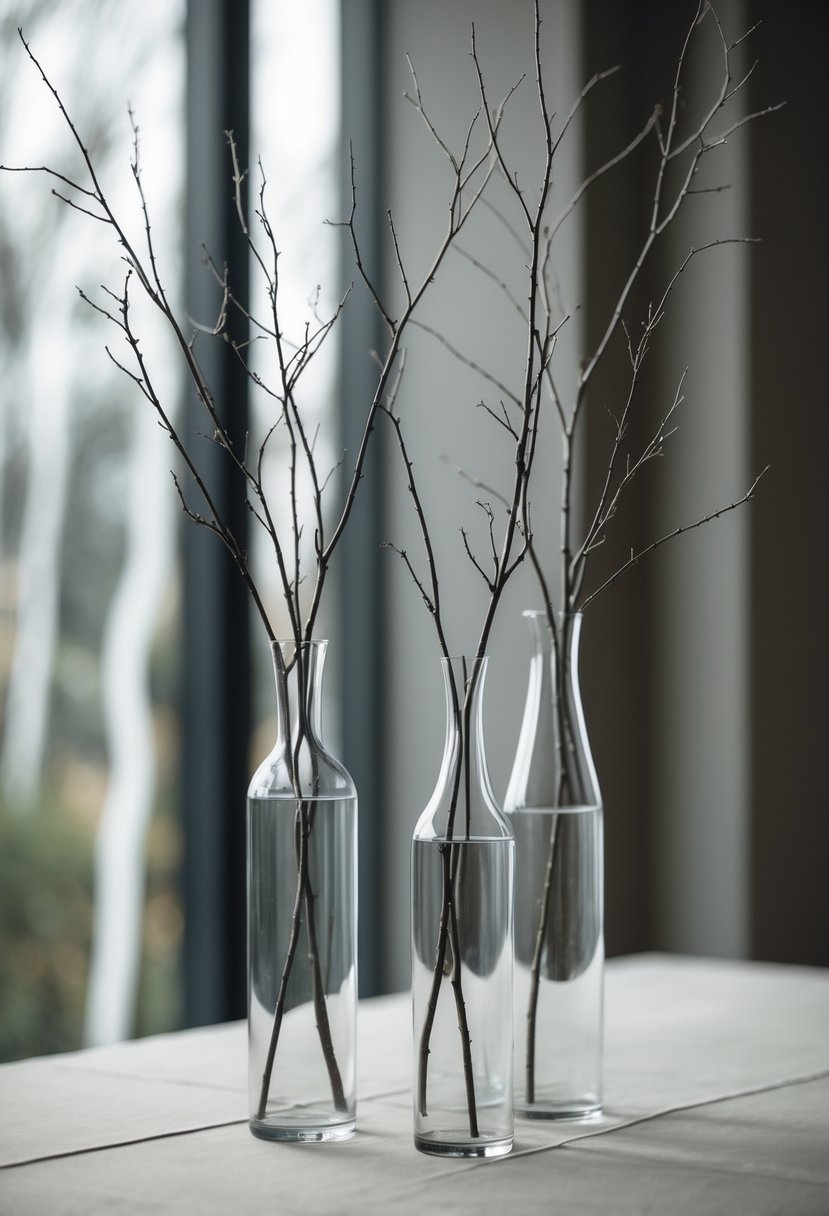 Tall slim glass vases holding bare branches arranged on a table.