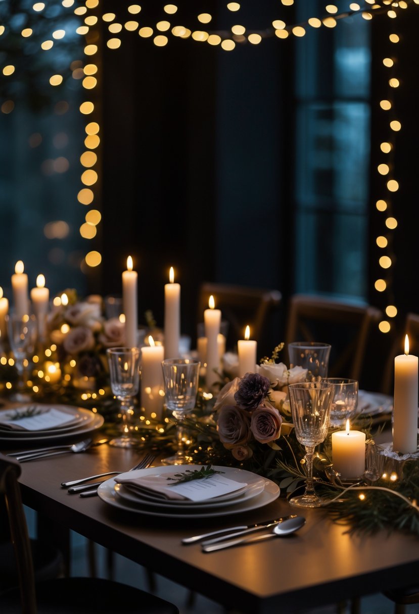 A wedding table decorated with candles, fairy lights, flowers, and elegant tableware in a dimly lit setting.