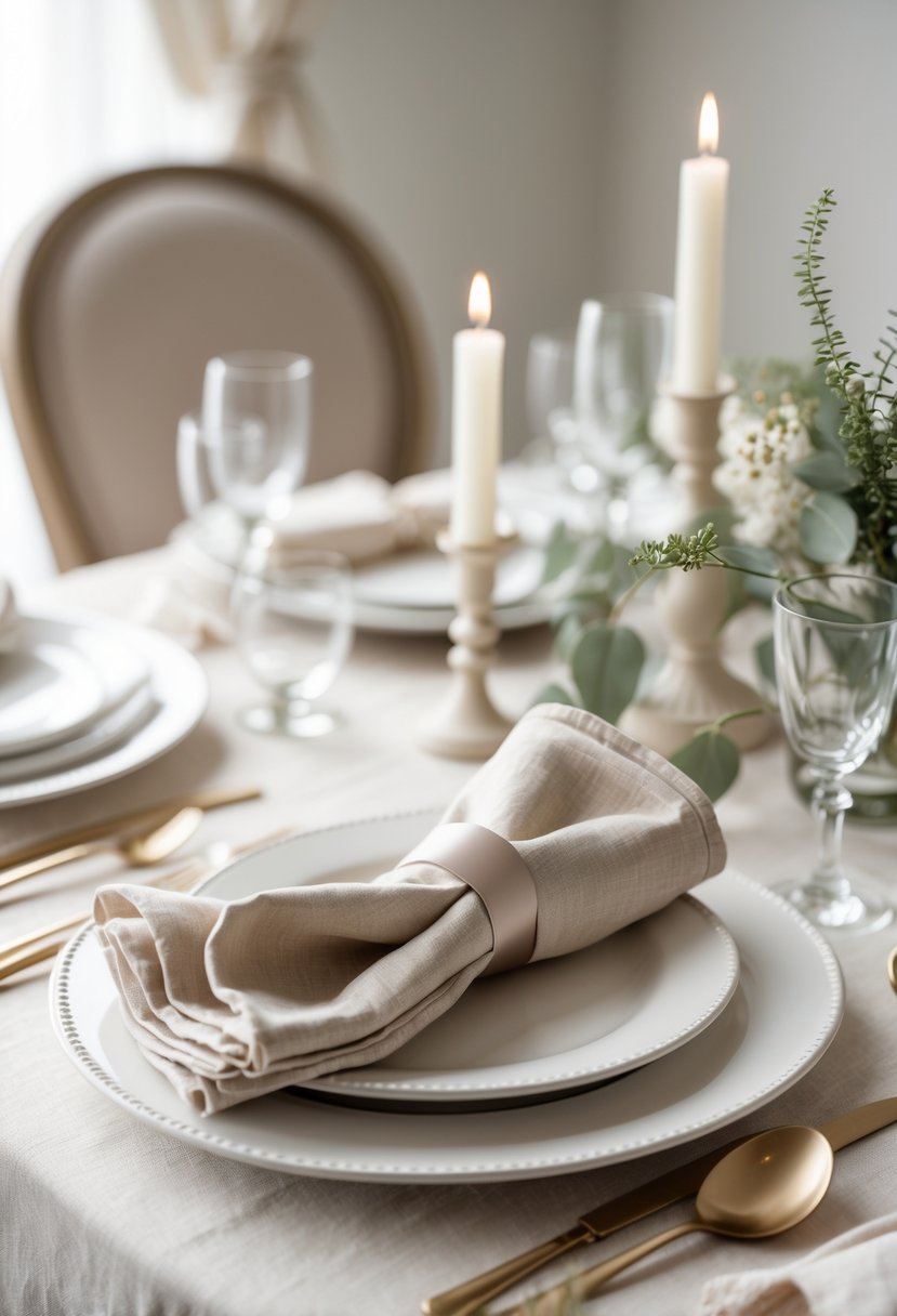 A wedding table set with neutral-toned cloth napkins on white plates, simple greenery, and candles.