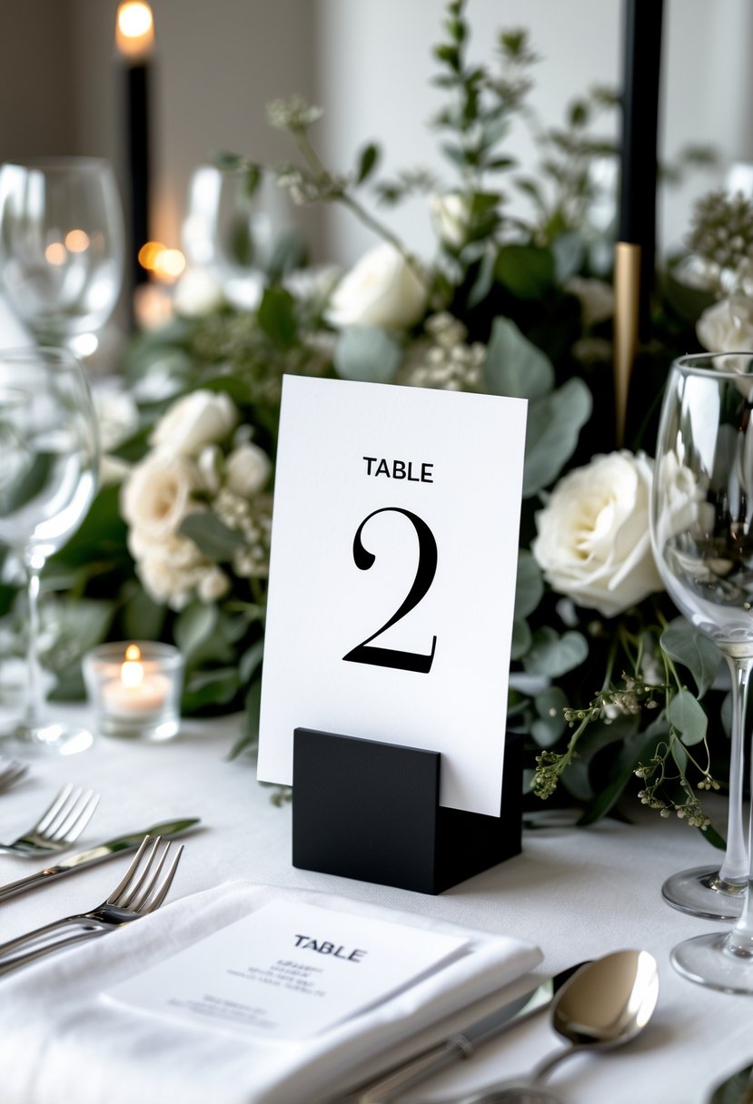 A wedding table set with black and white printed table numbers surrounded by simple floral arrangements and tableware.