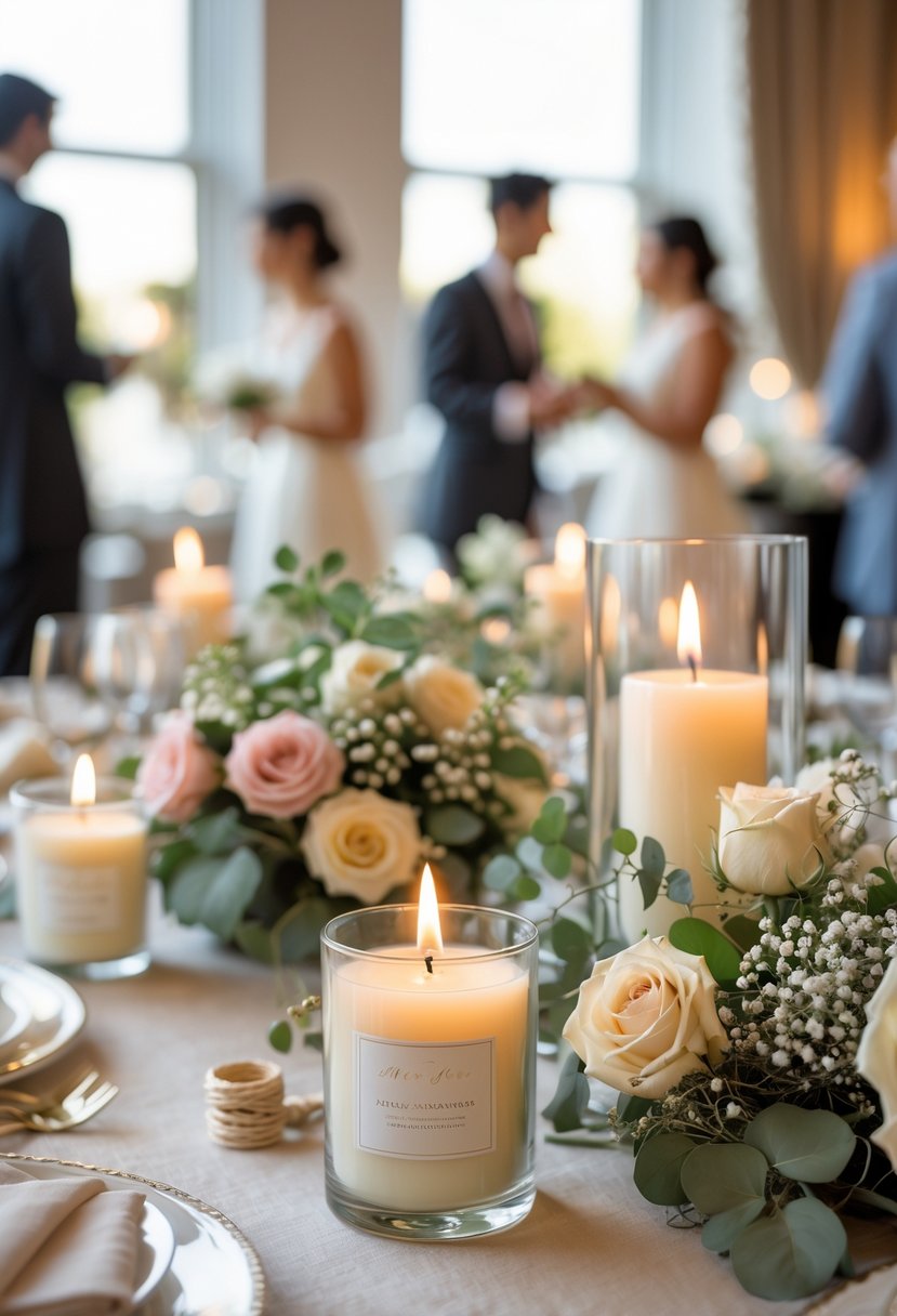 A table with custom scented candles as wedding favors, surrounded by flowers and elegant decorations, with guests mingling in the background.