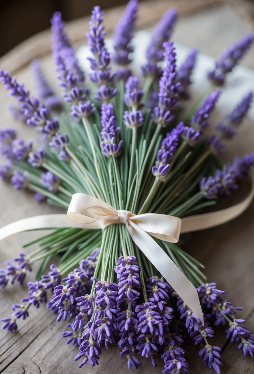 Sprigs of lavender tied with a ribbon placed on a wooden surface as a wedding table decoration.