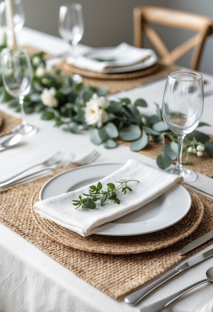 A wedding table set with natural jute placemats, white plates, glassware, silver cutlery, and small green and white floral accents.