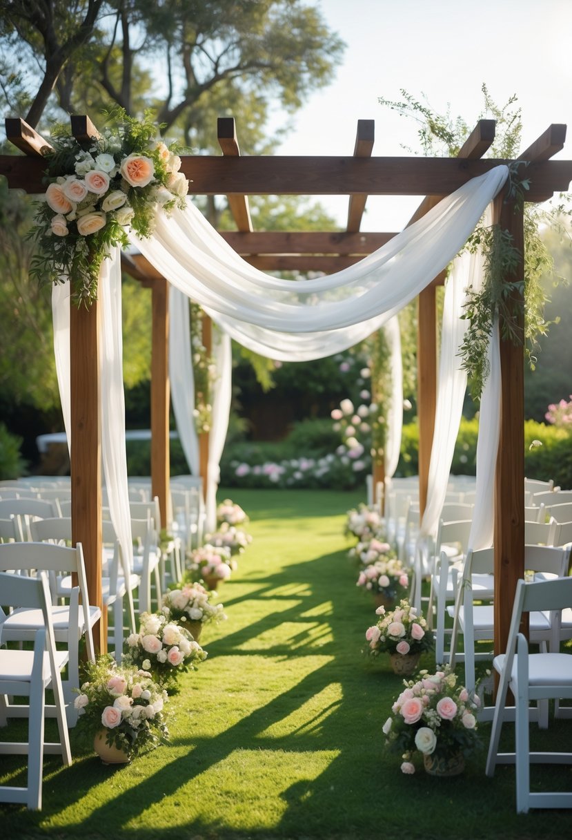 An outdoor wedding setup with translucent fabric draping over wooden structures, white chairs arranged on green grass, and floral decorations in a garden setting.