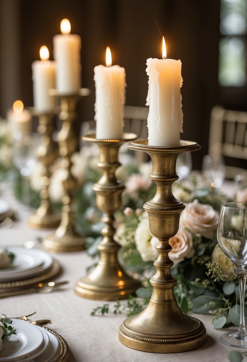 A wedding table with antique brass candlesticks holding lit candles surrounded by floral decorations and greenery.