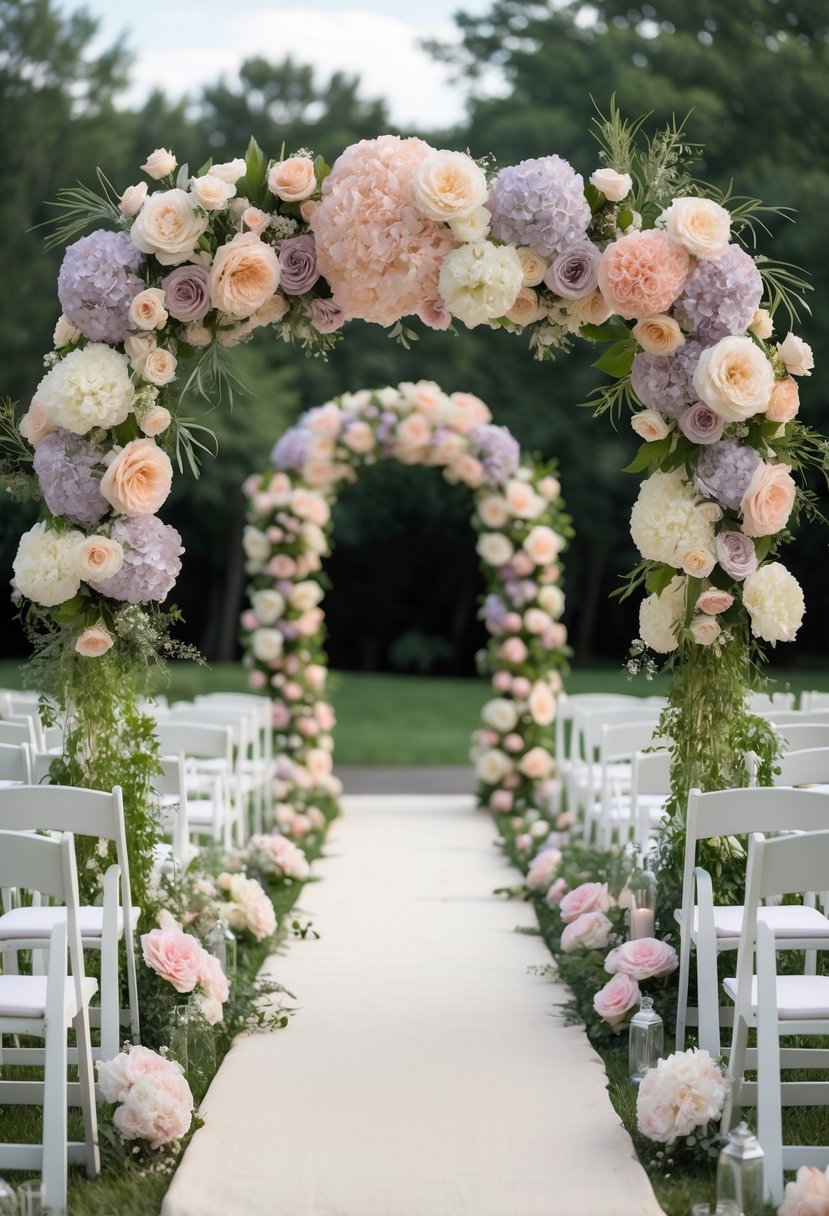 An outdoor wedding setup with a floral arch decorated with pastel flowers and neatly arranged white chairs for guests.
