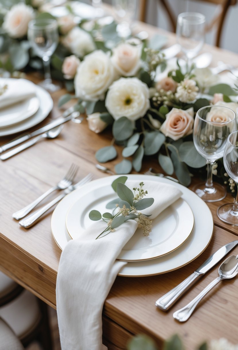 A wedding table set with white charger plates, folded napkins, silver cutlery, glassware, and soft floral decorations on a wooden table.