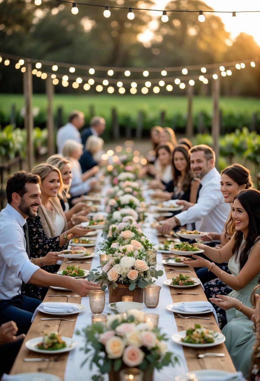 Guests sharing a family-style meal at long tables outdoors during a small wedding celebration.