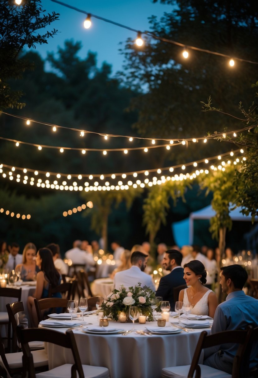 An outdoor wedding reception with fairy lights overhead, round tables set for guests, and people seated in a garden setting.