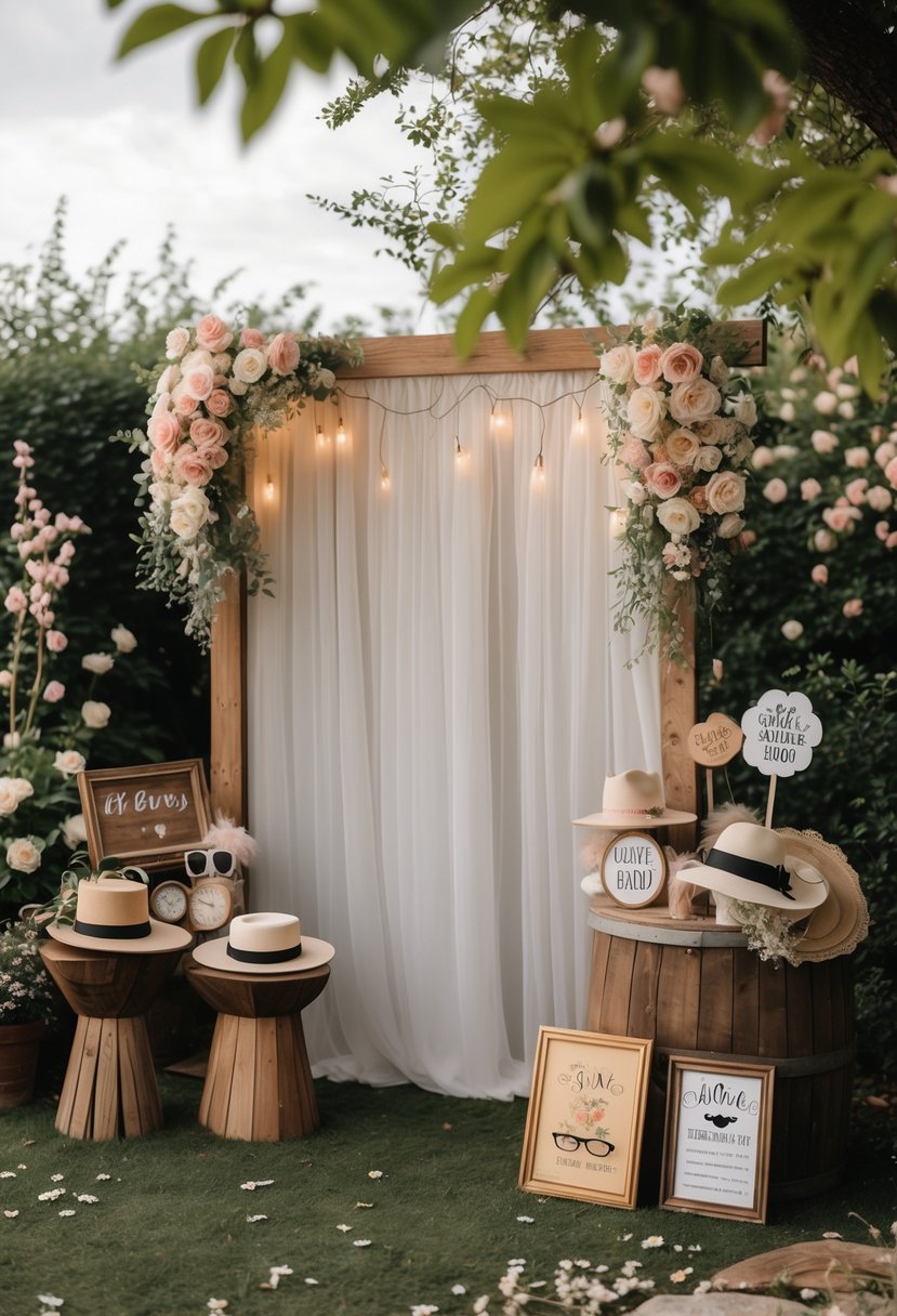 An outdoor wedding photo booth area with vintage props including hats and feather boas, surrounded by flowers and greenery.