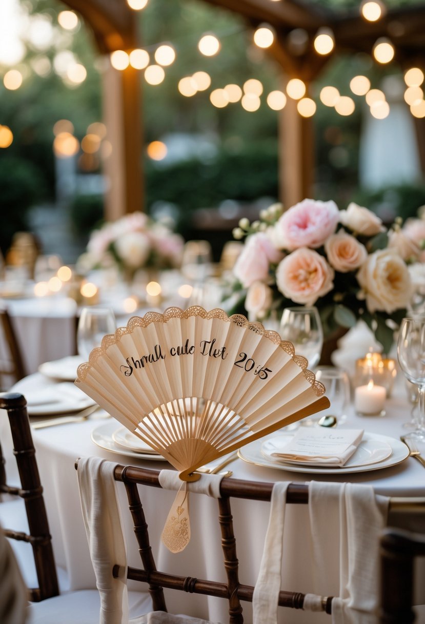 A small wedding reception setup with personalized wooden hand fans on guest chairs surrounded by floral centerpieces and soft string lights outdoors.