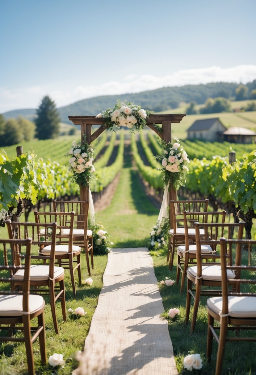 A small vineyard with rows of grapevines and a rustic wooden arch decorated with white flowers, surrounded by wooden chairs arranged for a wedding ceremony.