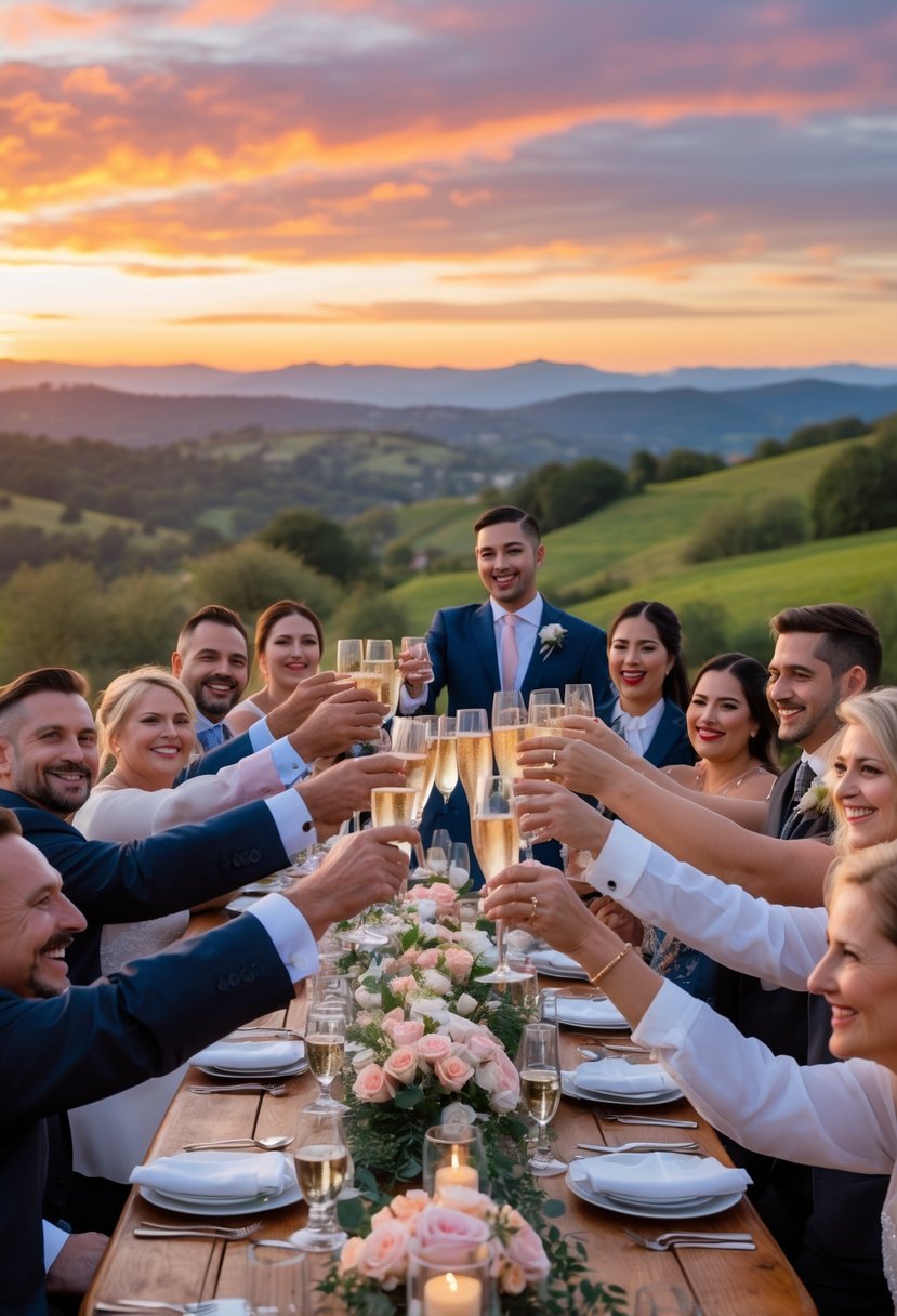 A group of people raising glasses in a toast at a small outdoor wedding during sunset, with a scenic view of hills and colorful sky in the background.