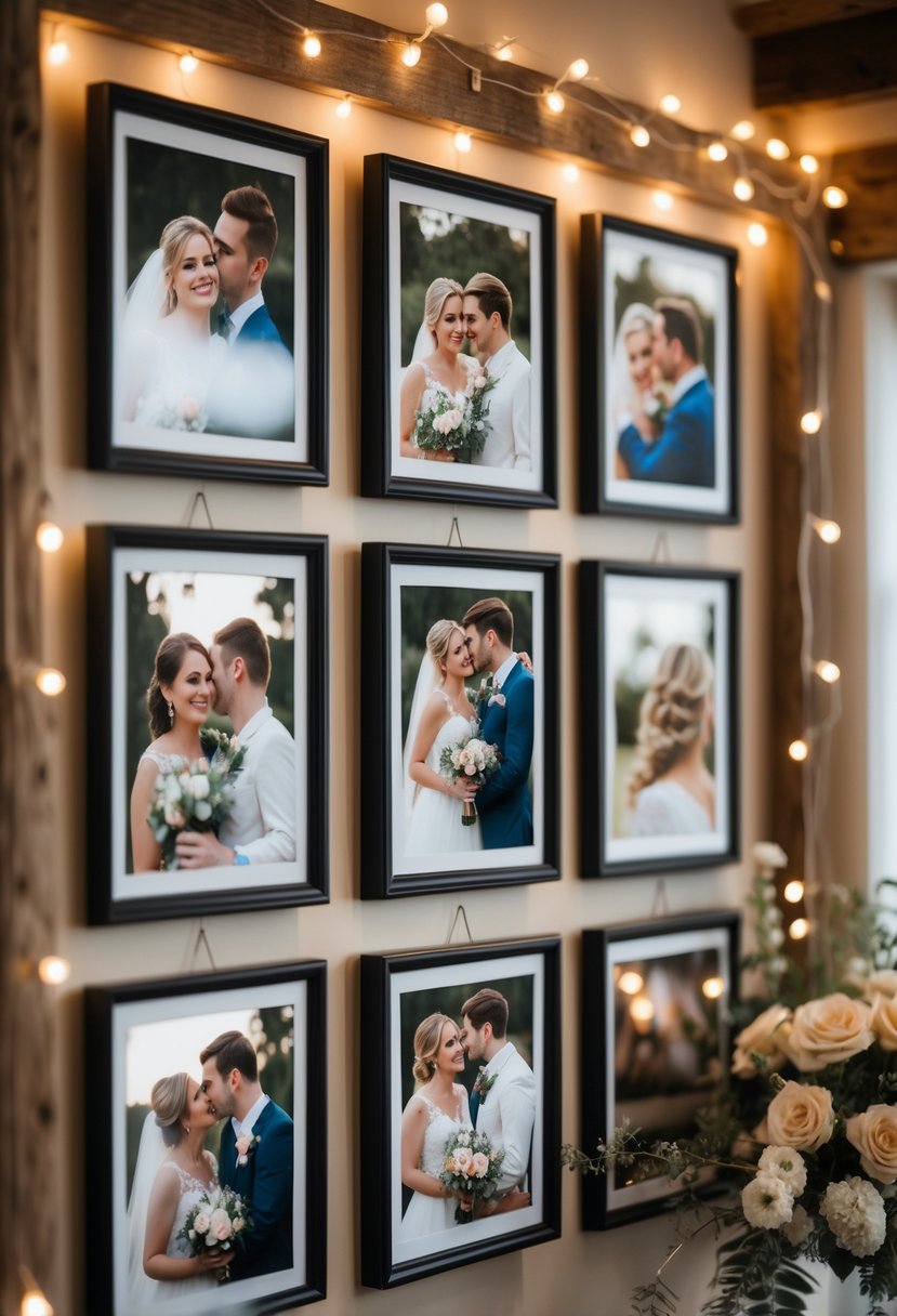 A warm-lit gallery wall displaying framed photos of couples sharing intimate moments at a small wedding with about 50 guests.