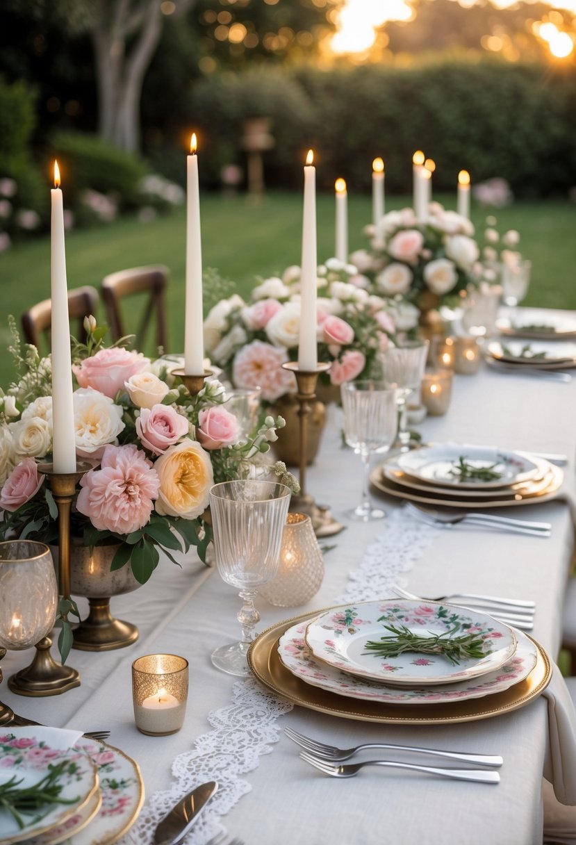 A wedding table set outdoors with mixed vintage and modern tableware, floral centerpieces, and candles, prepared for 50 guests.