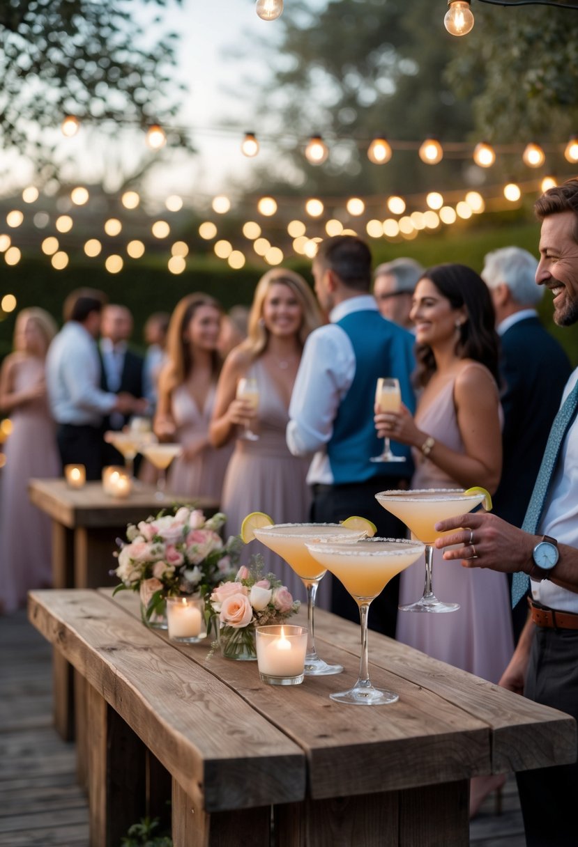 Guests mingling outdoors at a small wedding cocktail hour with drinks, flowers, and string lights.