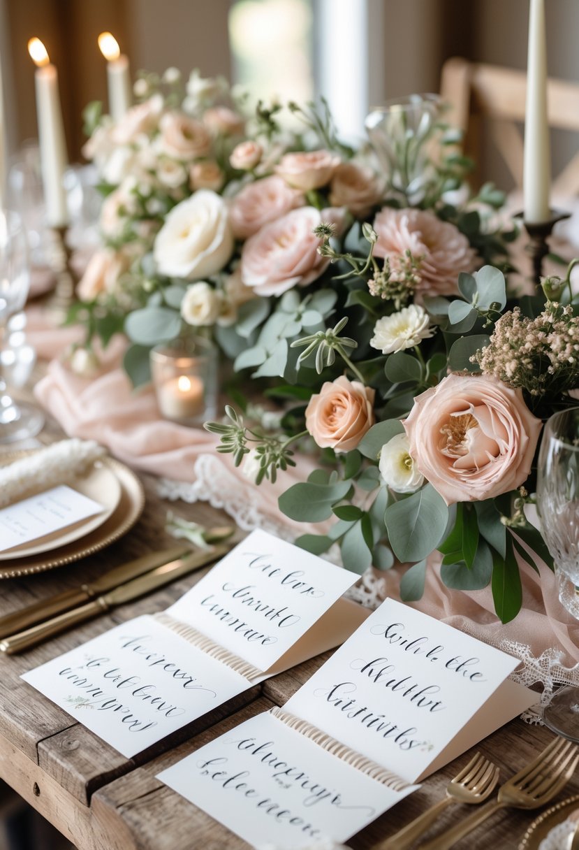 A wedding table with personalized handwritten escort cards surrounded by pastel flowers and candles.
