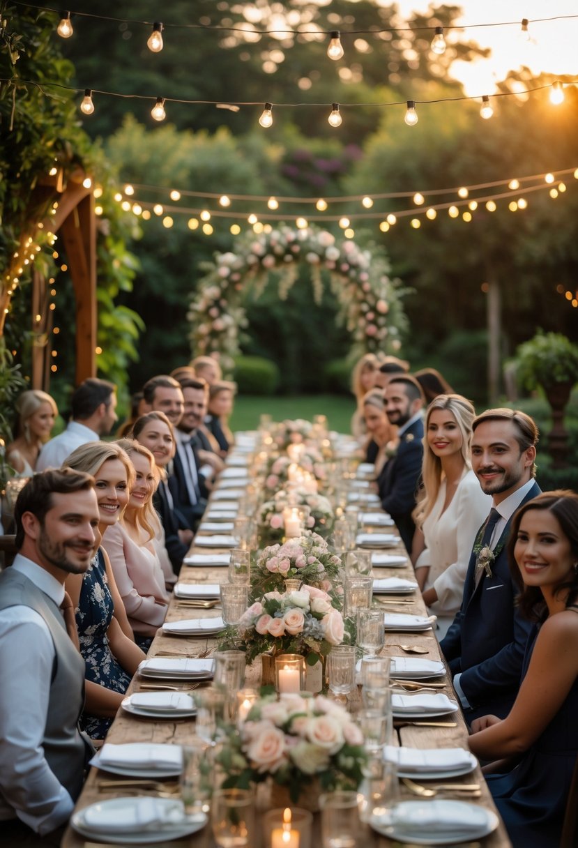 An outdoor wedding reception with about 50 guests seated at a long decorated table surrounded by greenery and fairy lights.