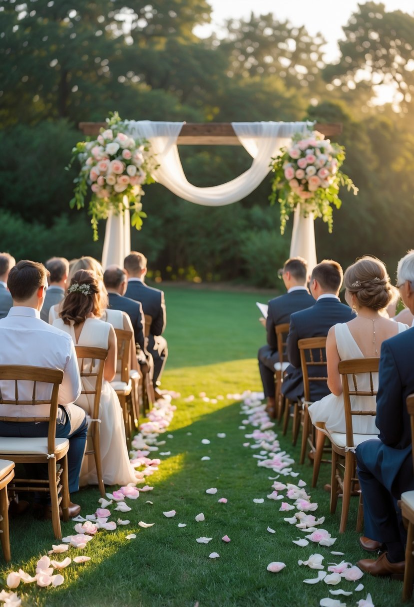 An outdoor small wedding ceremony with about 50 guests seated on wooden chairs, surrounded by floral decorations and a wooden arch draped with white fabric.