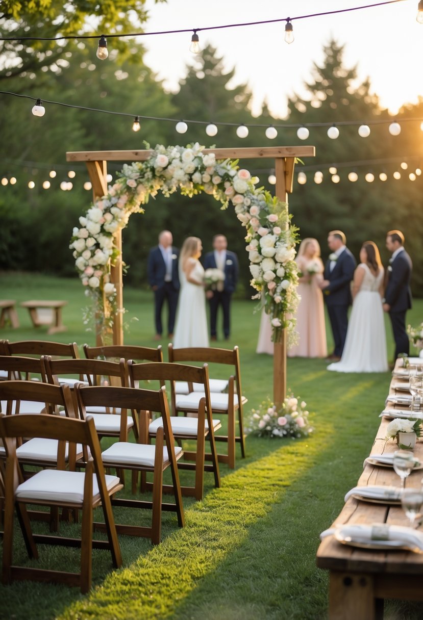 An outdoor wedding setup with wooden chairs arranged on green grass under string lights, a floral arch, and guests in the background.