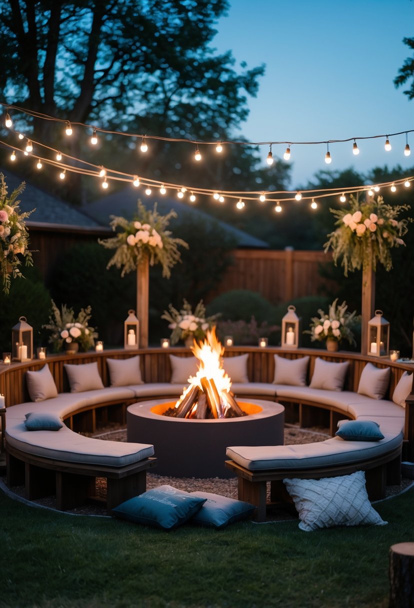 Outdoor bonfire area with benches and string lights where wedding guests gather in a garden at twilight.