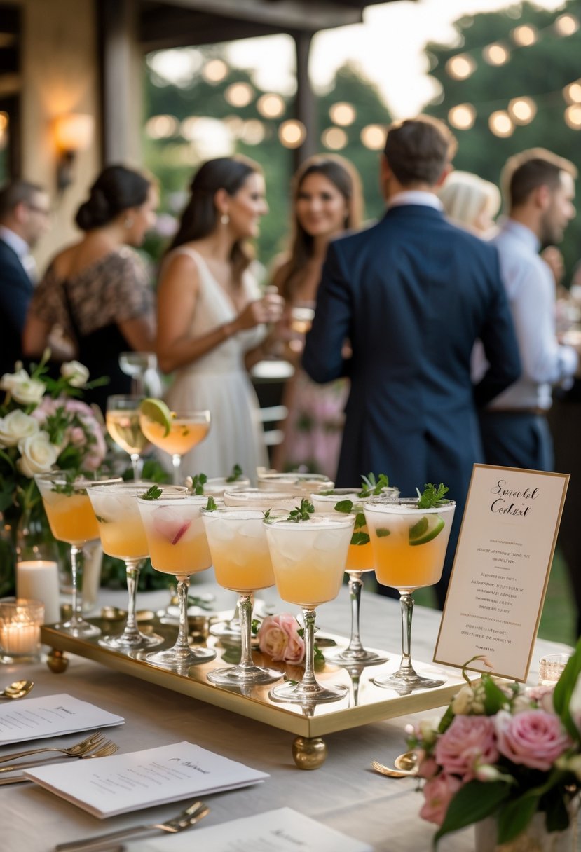 An intimate wedding cocktail hour with guests enjoying signature drinks at a stylish bar in an elegant setting.