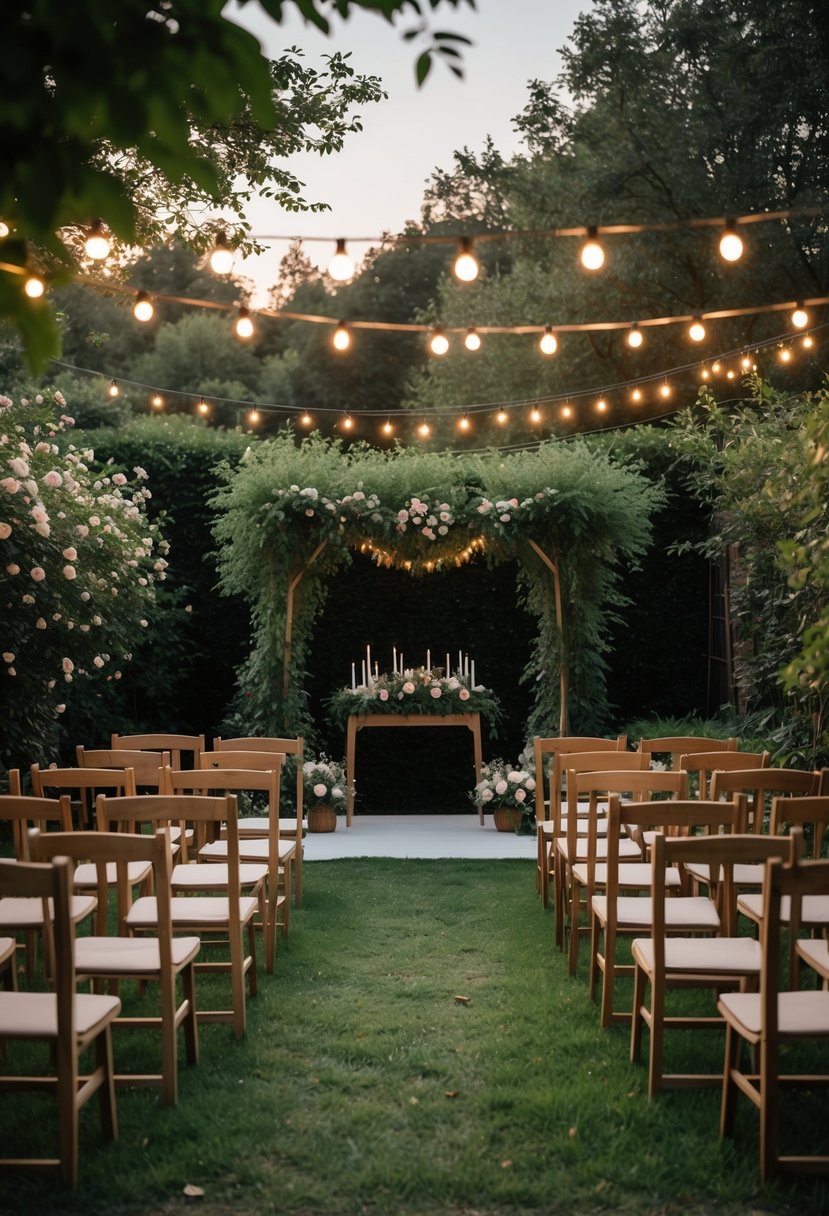 Outdoor garden wedding ceremony setup with wooden chairs arranged for guests under string lights and surrounded by greenery.