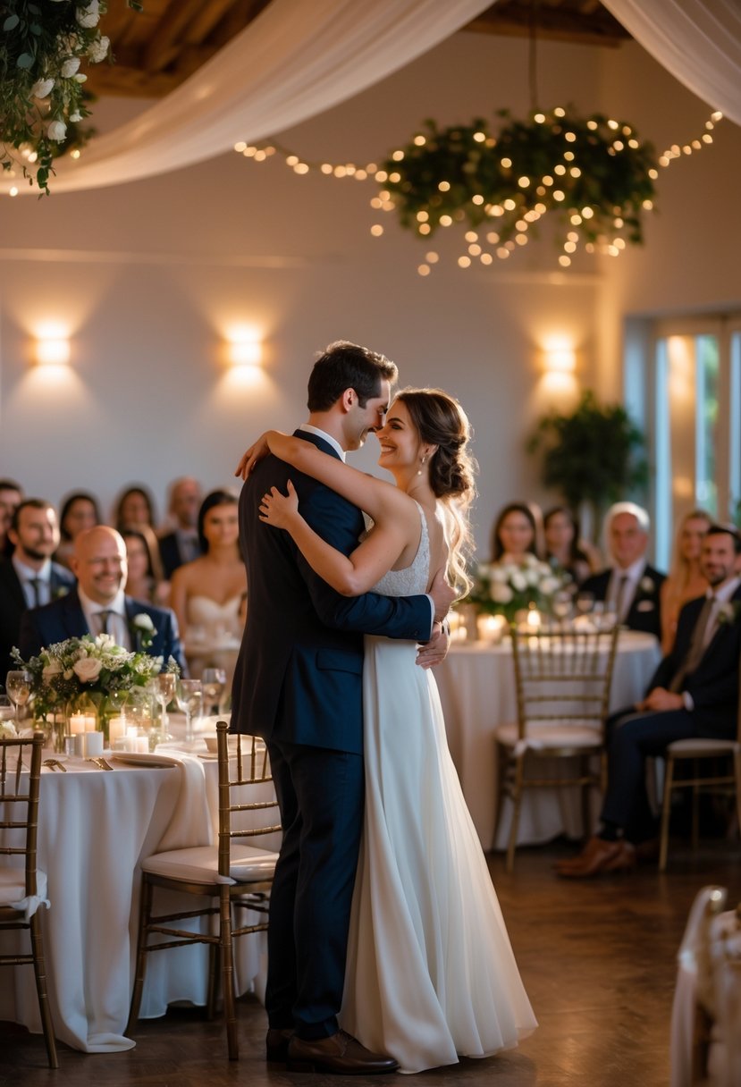 A bride and groom share their first dance surrounded by seated wedding guests in a softly lit room decorated with flowers.