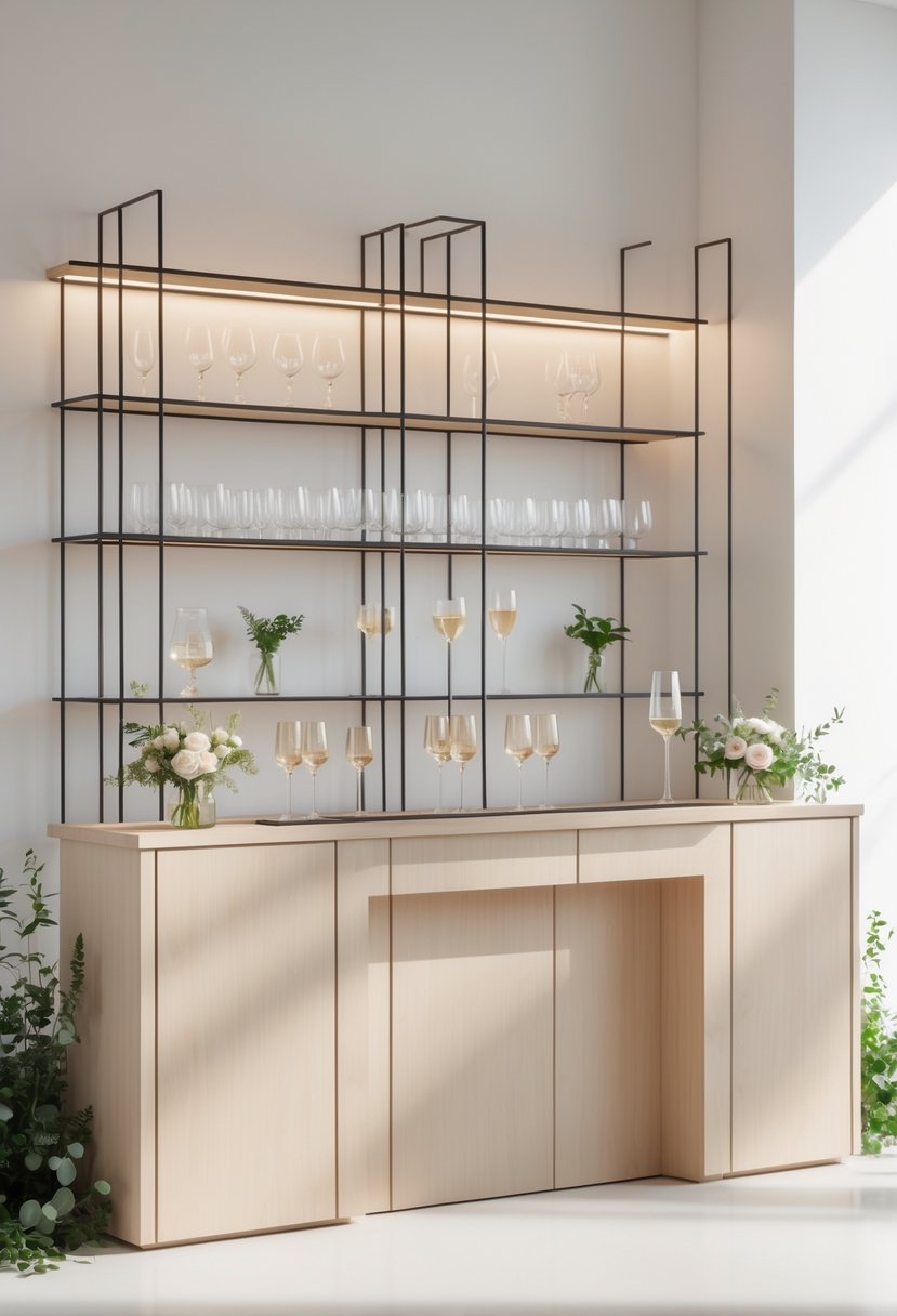 A wedding bar setup with minimalist shelving holding elegant glassware and small floral decorations.