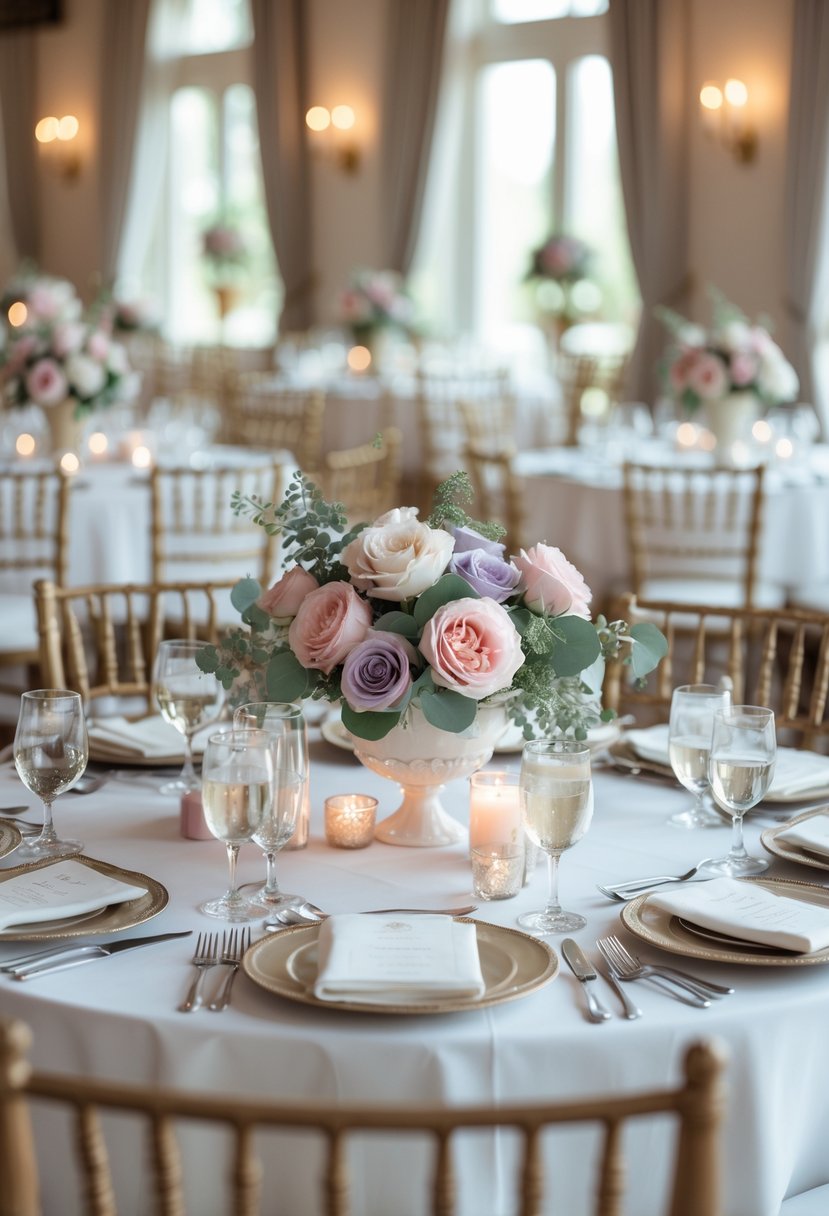 A wedding reception setup with tables decorated with pastel floral centerpieces and elegant table settings.