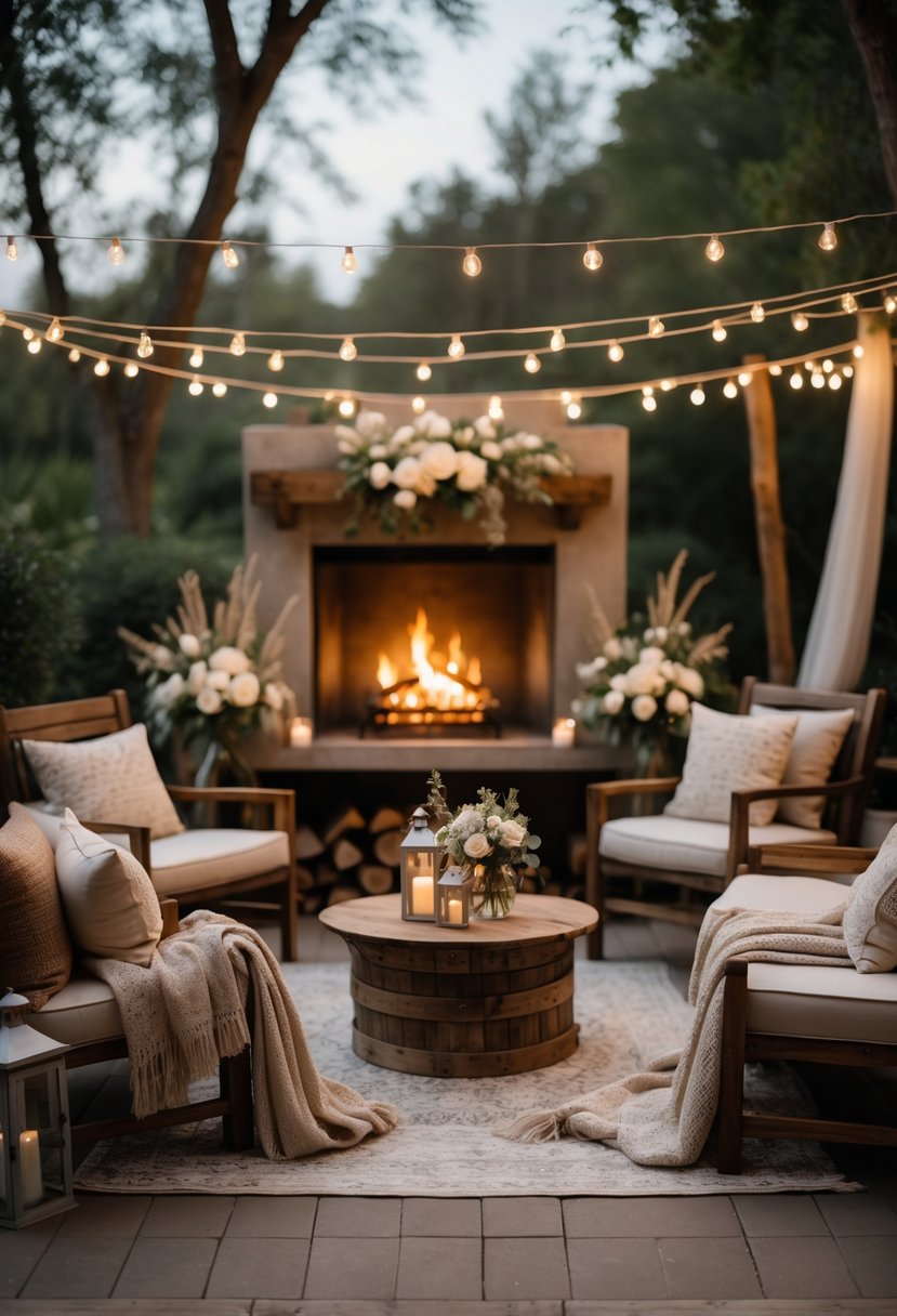 Cozy fireside seating area with blankets and cushions arranged for a small wedding gathering near a glowing fireplace.